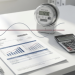 Bolletta elettrica con grafici dei consumi, contatore smart meter e calcolatrice su una scrivania