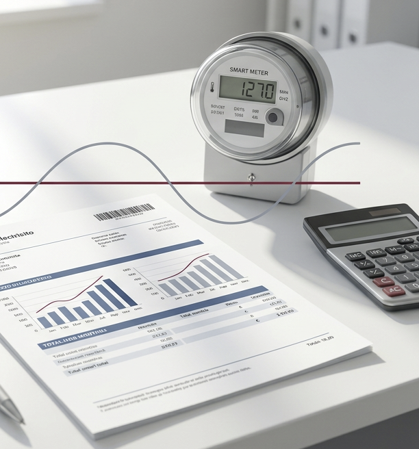 Bolletta elettrica con grafici dei consumi, contatore smart meter e calcolatrice su una scrivania
