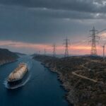 Nave metaniera in transito in uno stretto marino al tramonto e, sulla destra, tralicci dell'alta tensione e pale eoliche collegati dalle linee elettriche