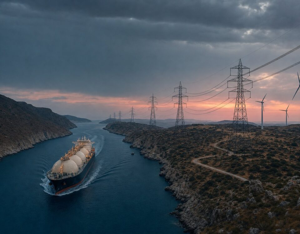 Nave metaniera in transito in uno stretto marino al tramonto e, sulla destra, tralicci dell'alta tensione e pale eoliche collegati dalle linee elettriche